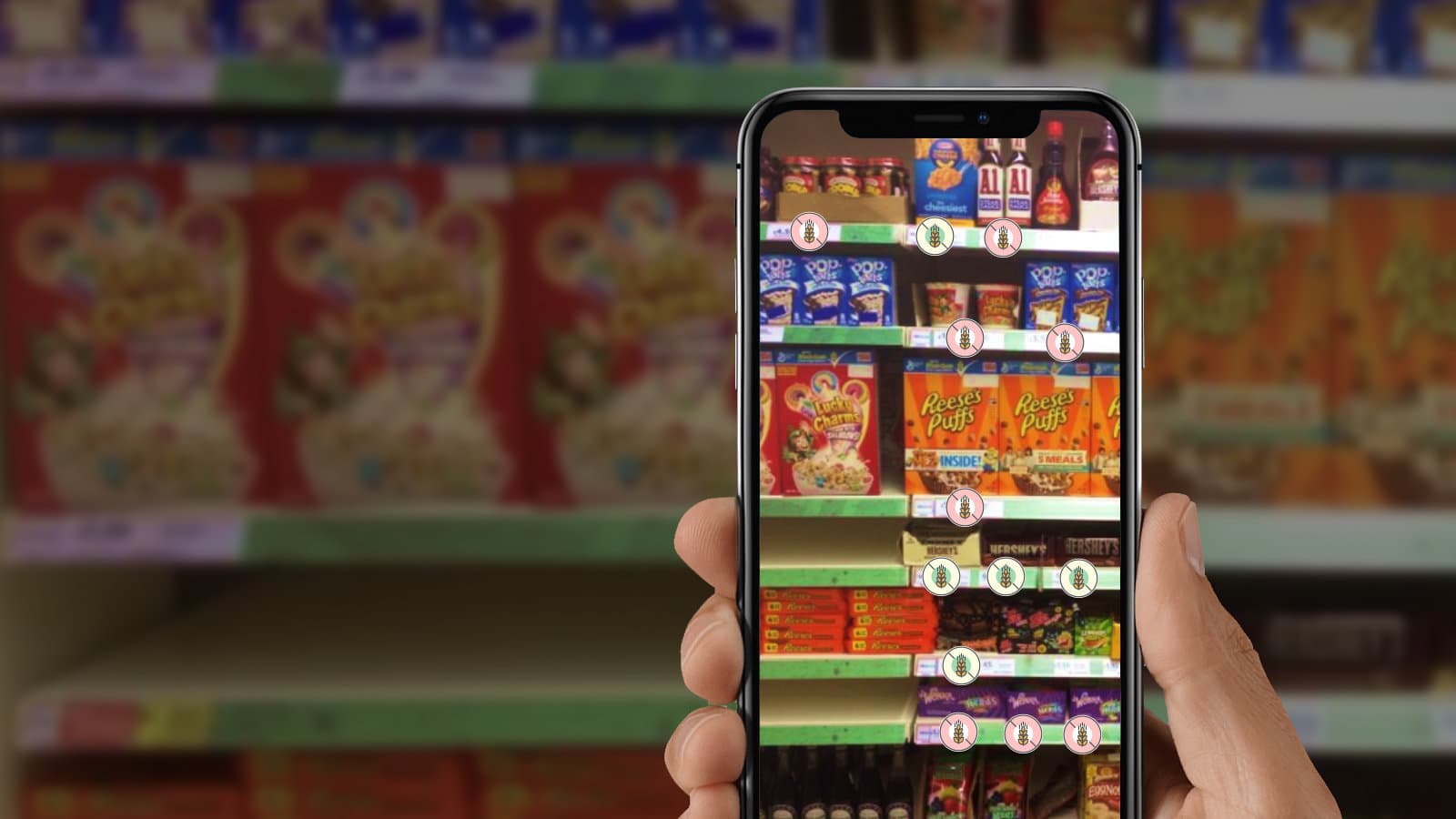 Person using mobile AR to identify products containing gluten in a grocery store.